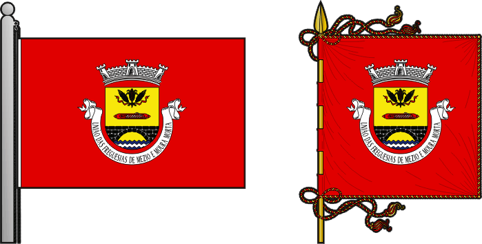 Bandeira e estandarte da União das freguesias de Mezio e Moura Morta - Mezio and Moura Morta civil parishes union flag and banner