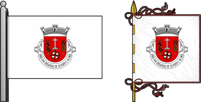 Bandeira e estandarte da União das freguesias de Alvados e Alcaria - Alvados e Alcaria civil parishes union flag and banner Bandeira e estandarte da União das freguesias de Alvados e Alcaria - Alvados e Alcaria civil parishes union flag and banner