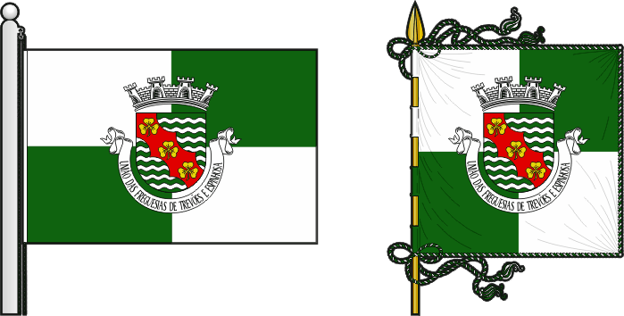 Bandeira e estandarte da União das freguesias de Trevões e Espinhosa - Trevões and Espinhosa civil parishes union flag and banner Bandeira e estandarte da União das freguesias de Trevões e Espinhosa - Trevões and Espinhosa civil parishes union flag and banner